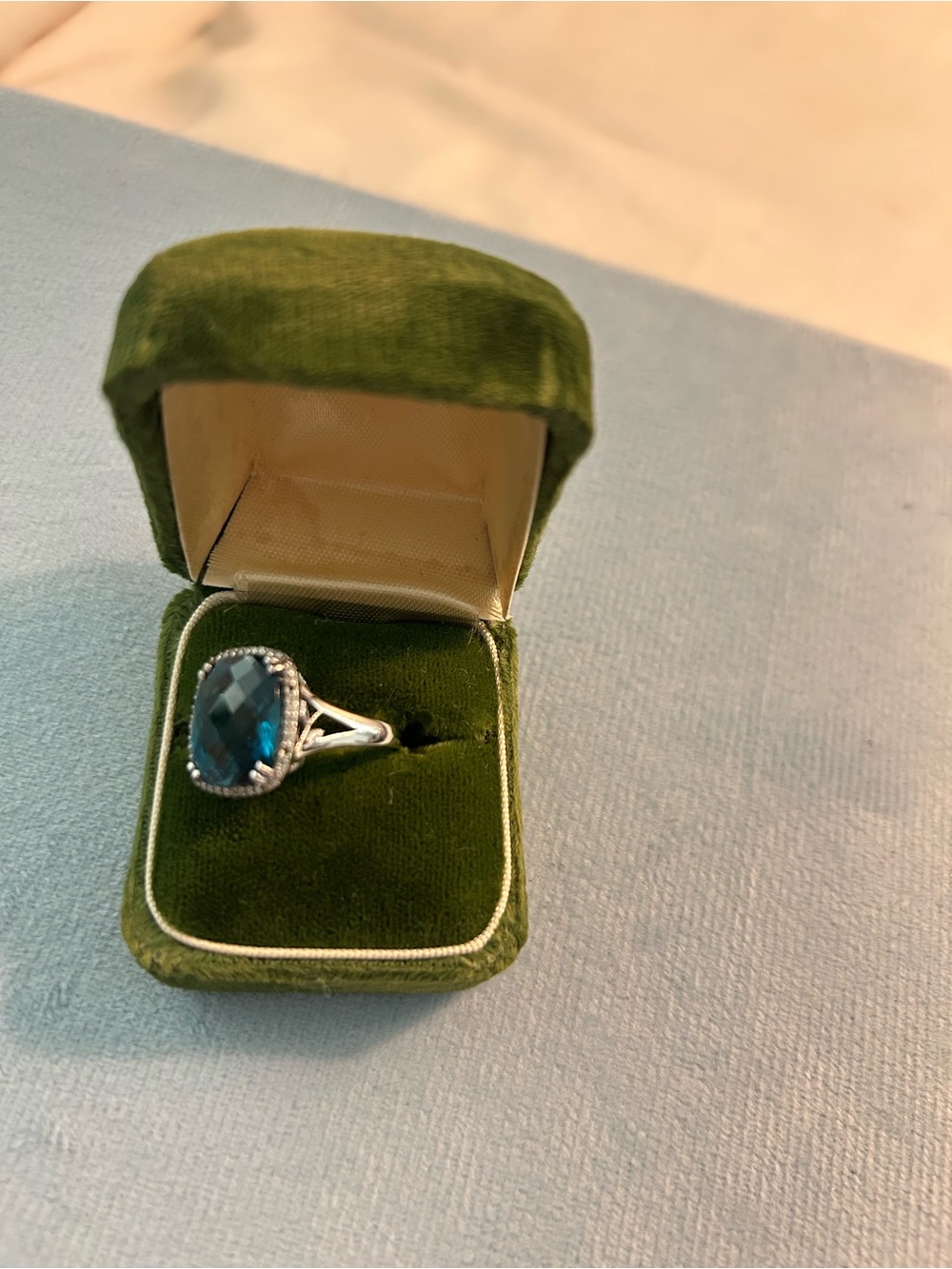 Blue Cushion-Cut TOPAZ Halo Ring - 14k WHITE GOLD - Picture 4 of 5